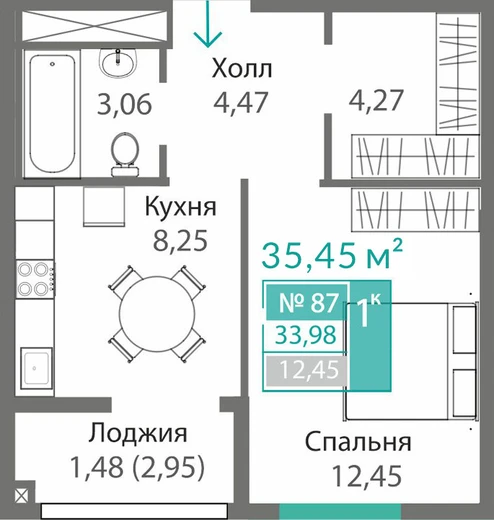 Квартира 1-комн. 33.98 кв.м