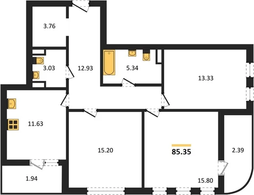 Квартира 3-комн. 85.35 кв. м