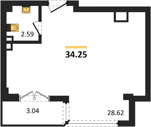 Квартира 1-комн. 34.25 кв. м