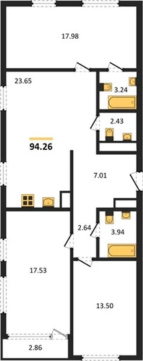 Квартира 3-комн. 94.26 кв. м