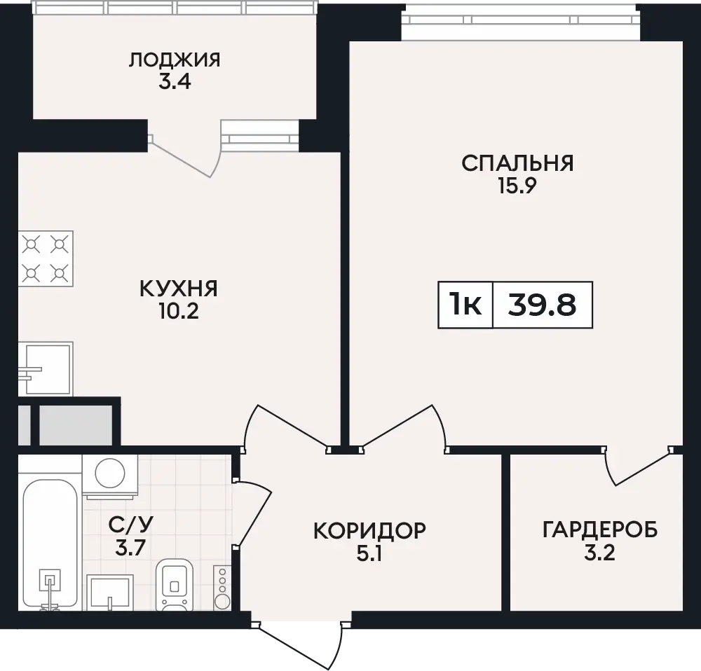 Квартира 1-комн. 39.8 кв. м