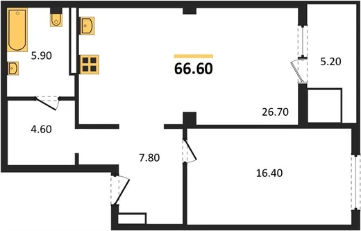 Квартира 1-комн. 66.6 кв. м