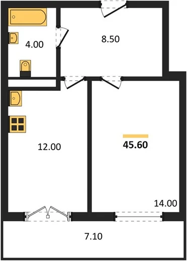 Квартира 1-комн. 45.6 кв. м