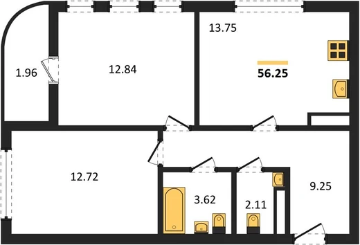 Квартира 2-комн. 56.25 кв. м