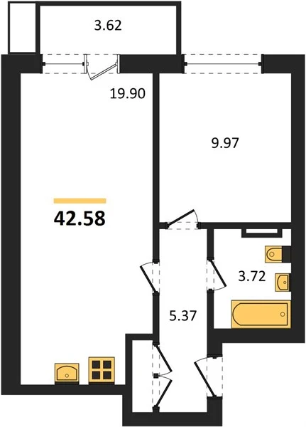 Квартира 1-комн. 42.58 кв. м