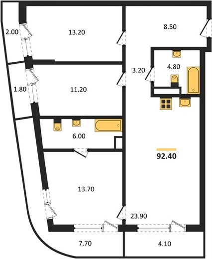 Квартира 3-комн. 92.4 кв. м