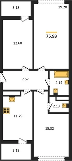 Квартира 3-комн. 75.93 кв. м