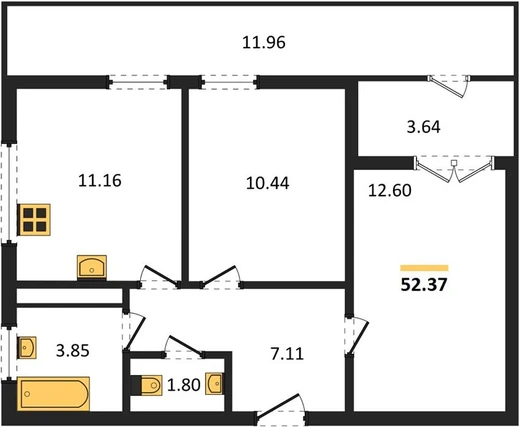 Квартира 2-комн. 52.37 кв. м