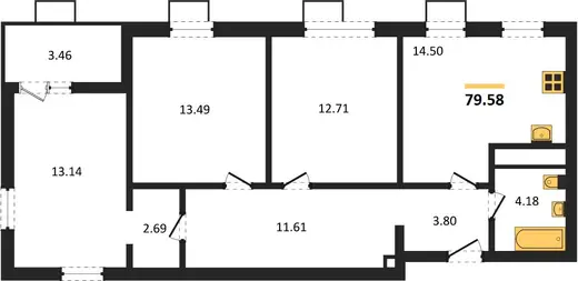 Квартира 3-комн. 79.58 кв. м