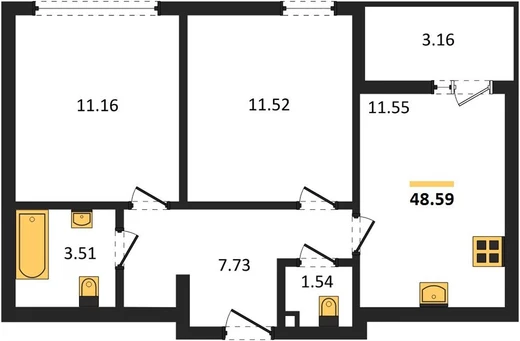 Квартира 2-комн. 48.59 кв. м
