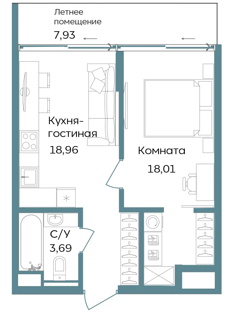 Апартаменты 2-комн. 48.59 кв. м