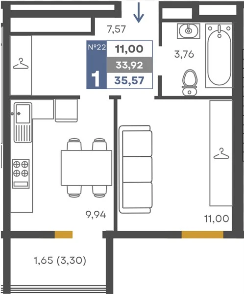 Квартира 1-комн. 33.92 кв. м