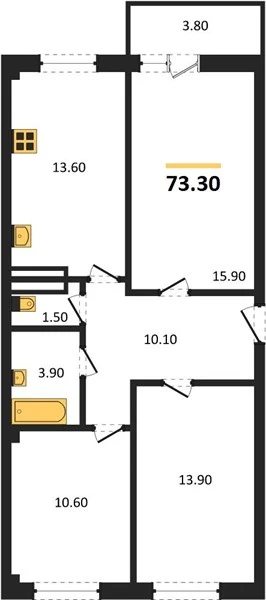 Квартира 3-комн. 73.3 кв. м