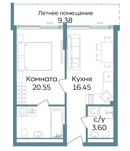 Апартаменты 2-комн. 49.98 кв. м