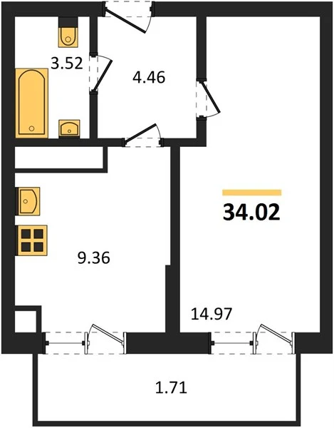 Квартира 1-комн. 34.46 кв. м