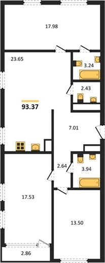 Квартира 3-комн. 93.37 кв. м