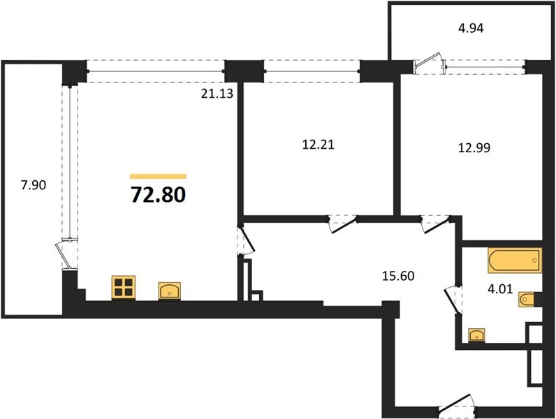 Квартира 2-комн. 72.8 кв. м