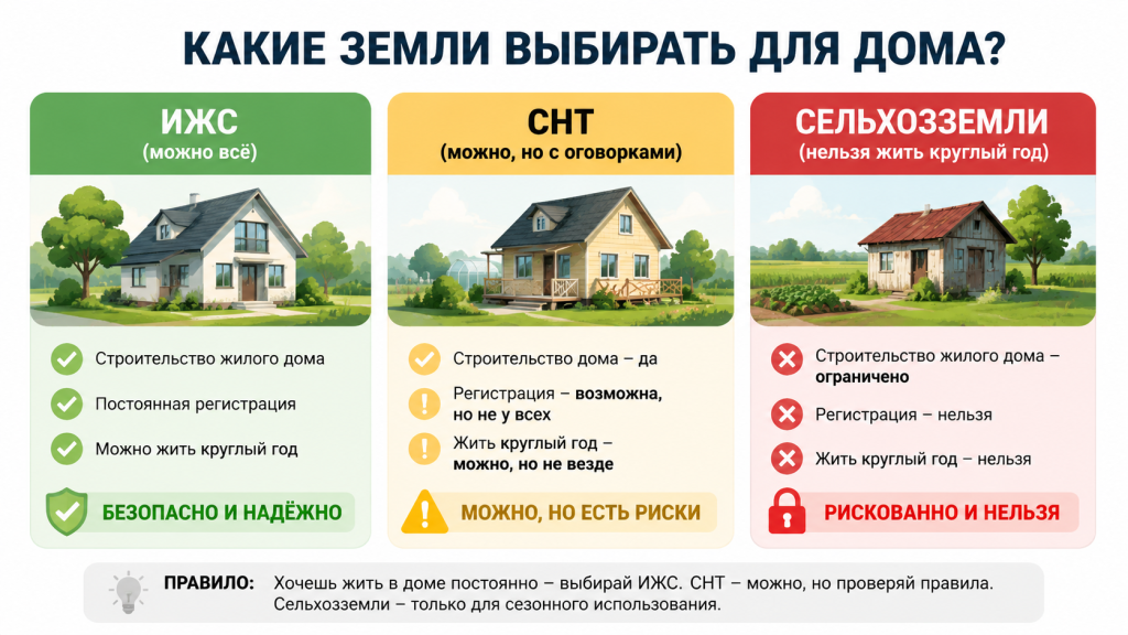 категории земель ИЖС СНТ сельхоз, где можно строить дом, сравнение ВРИ для проживания, красная зона сельхозназначения.png