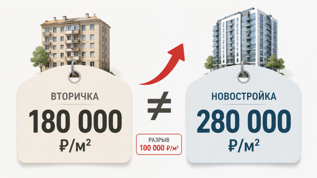 сравнение цен новостройки и вторички, разрыв в цене 100 тысяч, инфографика два ценника, первичный и вторичный рынок.png