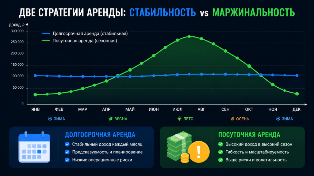 график доходности аренды, долгосрочная и посуточная аренда сравнение, сезонный график дохода, стабильность против маржинальности.png график доходности аренды, долгосрочная и посуточная аренда сравнение, сезонный график дохода, стабильность против маржинальности.png