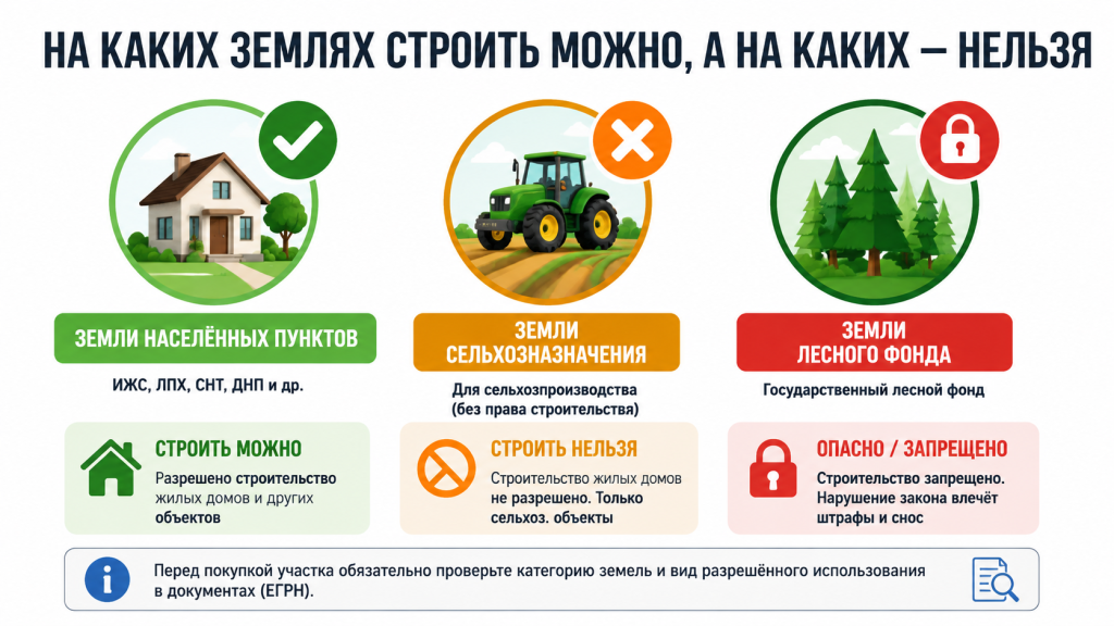 инфографика категории земель, разрешённое использование участков, иконки ИЖС СНТ и лесной фонд, можно и нельзя строить.png инфографика категории земель, разрешённое использование участков, иконки ИЖС СНТ и лесной фонд, можно и нельзя строить.png