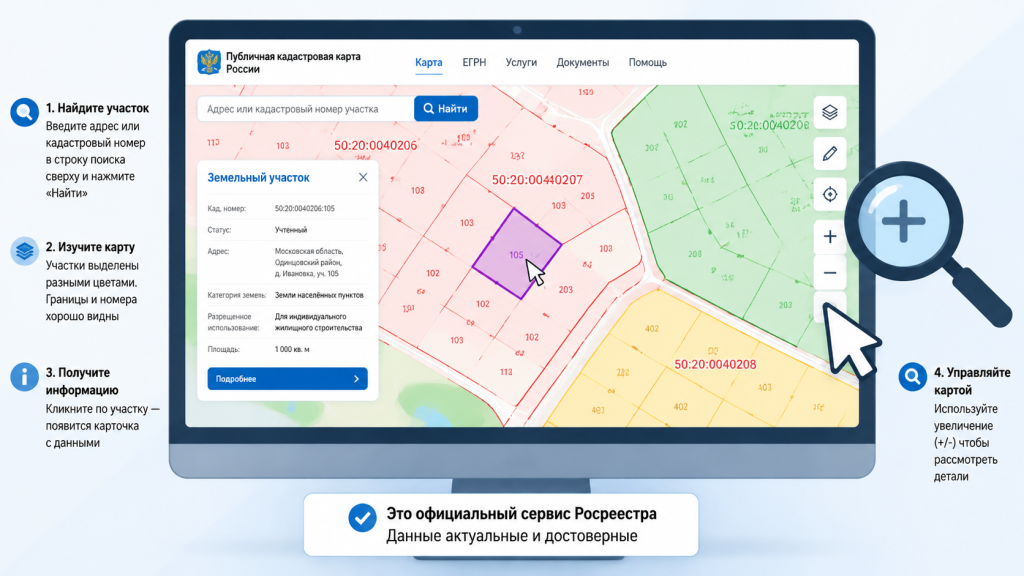 экран с кадастровой картой, цветные контуры участков, интерфейс Росреестра, скриншот геоинформационной системы.png экран с кадастровой картой, цветные контуры участков, интерфейс Росреестра, скриншот геоинформационной системы.png