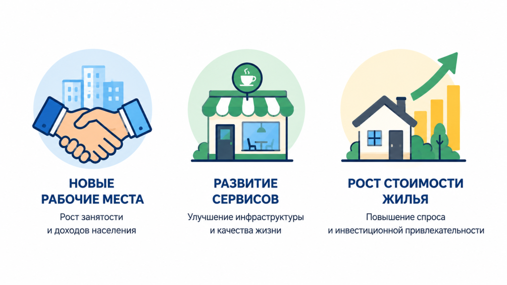 три эффекта для недвижимости, рабочие места инфраструктура рост цен, влияние кластера на жильё, иконки работы сервисов и дома.png