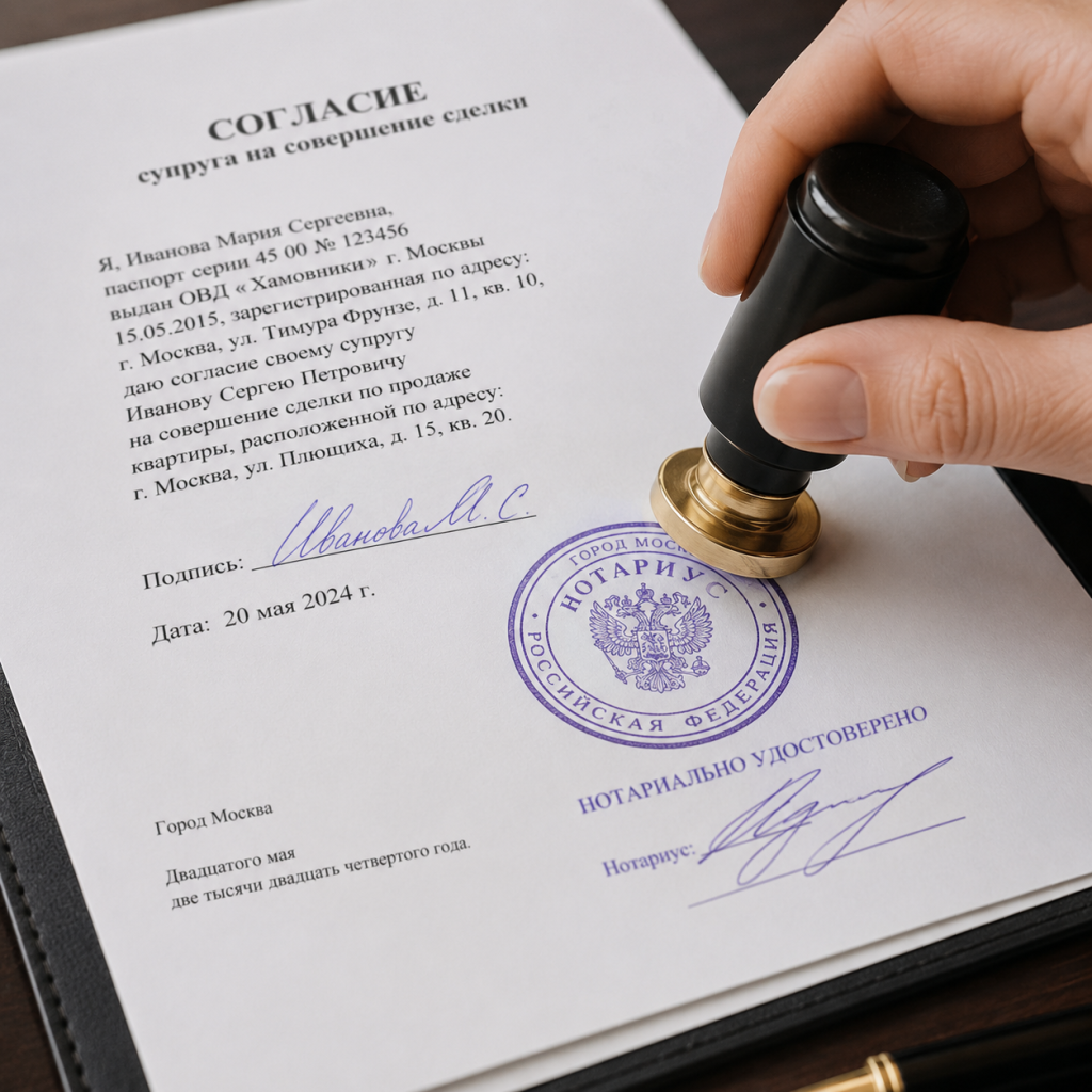 рука ставит печать на документе, нотариальное удостоверение, подписание согласия супруга, крупный план подписи и печати, официальный документ на столе.png