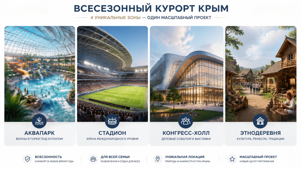 коллаж аквапарк стадион конгресс-холл этнодеревня, четыре зоны парка развлечений, инфографика кластера, всесезонный курорт Крым.png