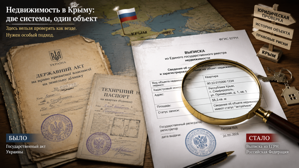 старые и новые документы на недвижимость, лупа над выпиской ЕГРН, украинский техпаспорт и российский реестр, юридическая проверка Крым.png старые и новые документы на недвижимость, лупа над выпиской ЕГРН, украинский техпаспорт и российский реестр, юридическая проверка Крым.png
