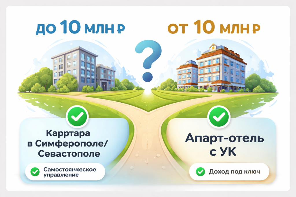 выбор стратегии аренды по бюджету, до 10 млн или от 10 млн, квартира в Симферополе или апарт-отель, дорожная карта инвестора.png выбор стратегии аренды по бюджету, до 10 млн или от 10 млн, квартира в Симферополе или апарт-отель, дорожная карта инвестора.png