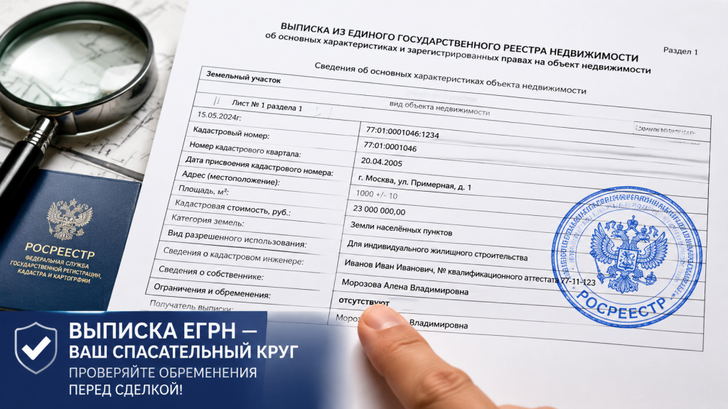 выписка ЕГРН крупным планом, печать Росреестра на документе, лупа над бумагами, проверка обременений.png