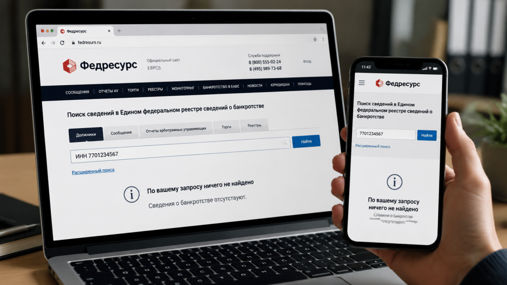 проверка на банкротство через Федресурс, экран ноутбука с поиском, ИНН в строке сайта, юридическая проверка контрагента.png проверка на банкротство через Федресурс, экран ноутбука с поиском, ИНН в строке сайта, юридическая проверка контрагента.png
