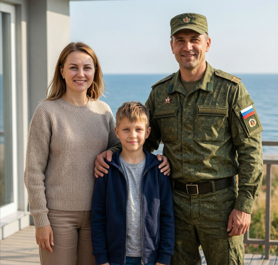 семья военного у нового дома, счастливая семья на фоне моря.png