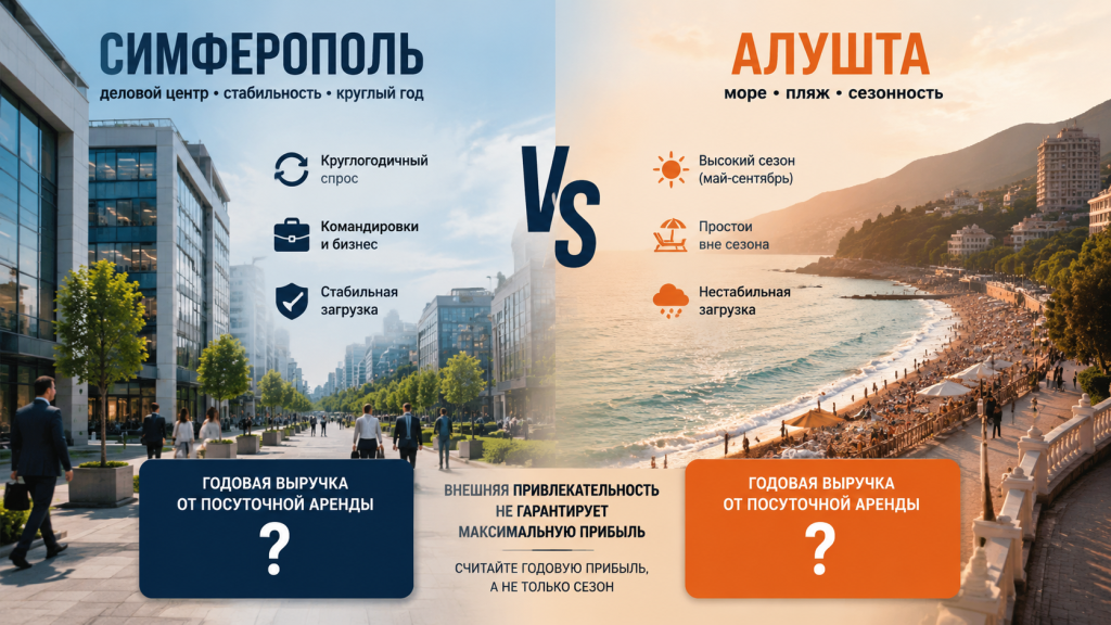сравнение Симферополя и Алушты для аренды, годовая прибыль от посуточной, круглогодичная загрузка vs сезон, контраст делового и курортного города.png сравнение Симферополя и Алушты для аренды, годовая прибыль от посуточной, круглогодичная загрузка vs сезон, контраст делового и курортного города.png