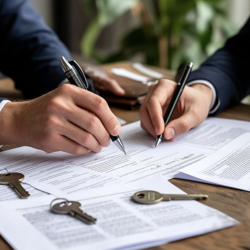 подписание договора купли-продажи, руки и документы на столе, печать на бумаге, ключи и договор, закрытие сделки