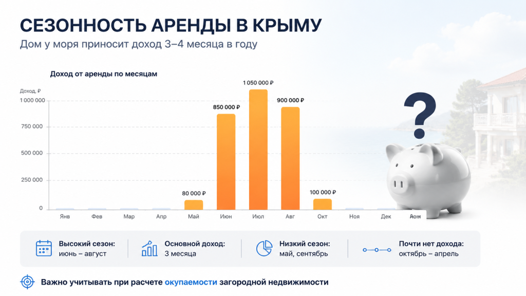 сезонность аренды в Крыму, график доходности дома у моря, три месяца высокого сезона, окупаемость загородной недвижимости.png