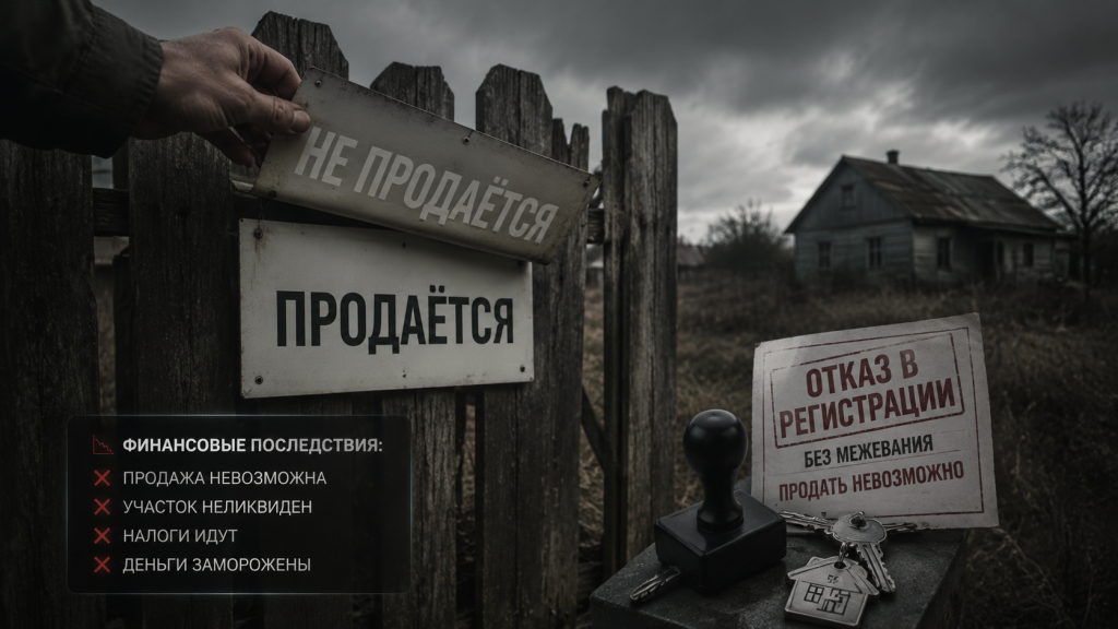 рука с табличкой продаётся на заборе, ключи и отказ в регистрации, неликвидный участок.png