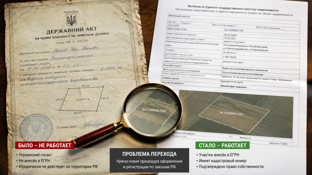 старый украинский госакт на землю, современная выписка ЕГРН рядом, контраст документов до и после, лупа над границами участка.png