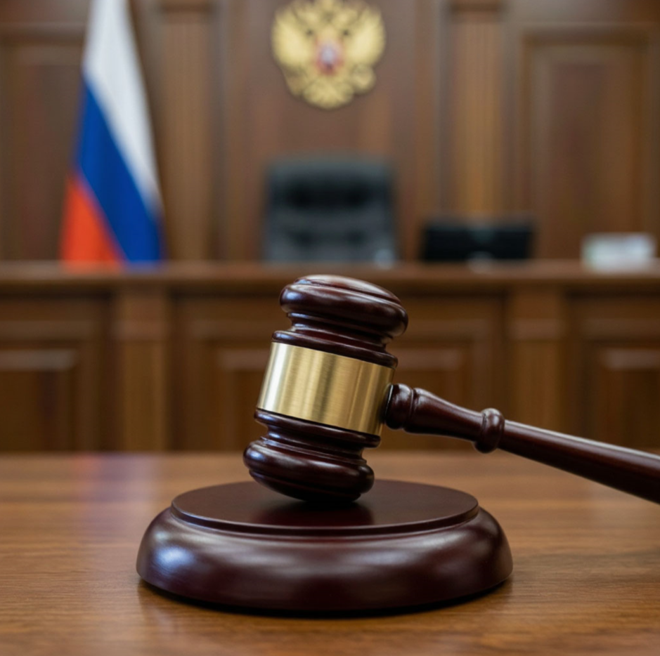 судебный молоток на столе, зал суда размытый фон, юридический спор крупно, судебное разбирательство недвижимость, молоток и документы.png