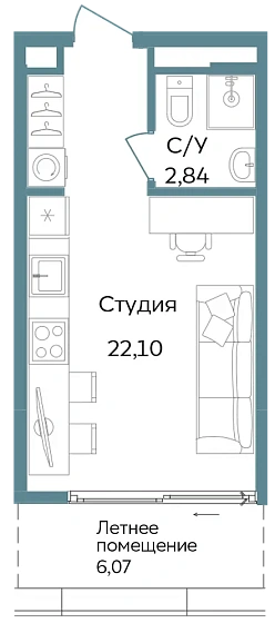 Апартаменты 1-комн. 31.01 кв. м