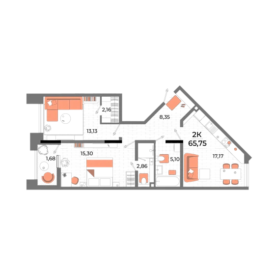 Квартира 2-комн. 63.3 кв. м