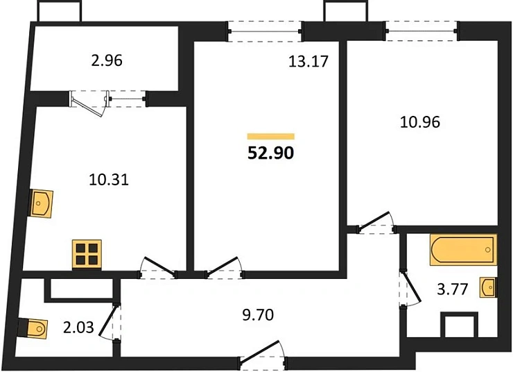 Квартира 2-комн. 52.9 кв. м