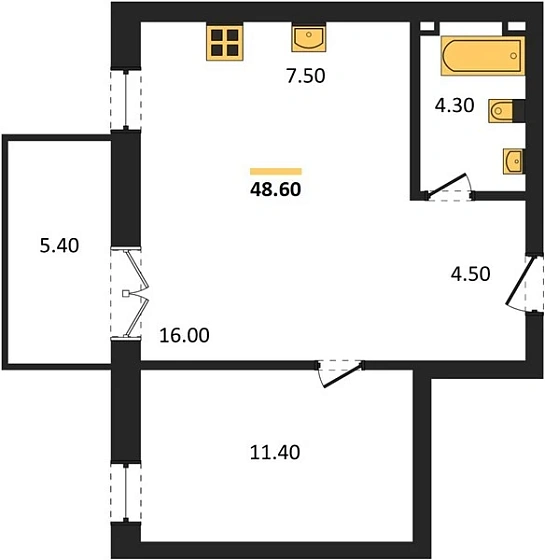 Квартира 1-комн. 48.6 кв. м