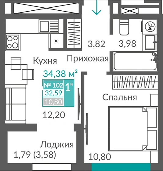Квартира 1-комн. 32.59 кв.м