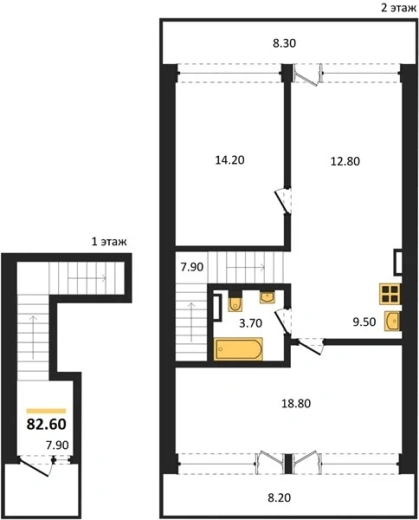 Апартаменты 2-комн. 82.6 кв. м