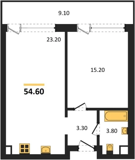 Апартаменты 1-комн. 54.6 кв. м