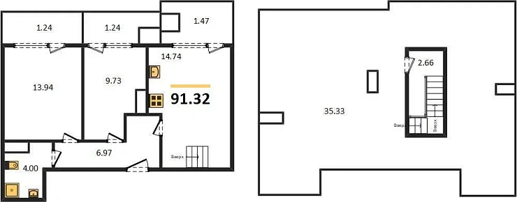 Квартира 2-комн. 91.32 кв. м