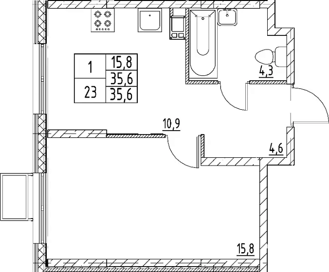 Квартира 1-комн. 35.6 кв. м