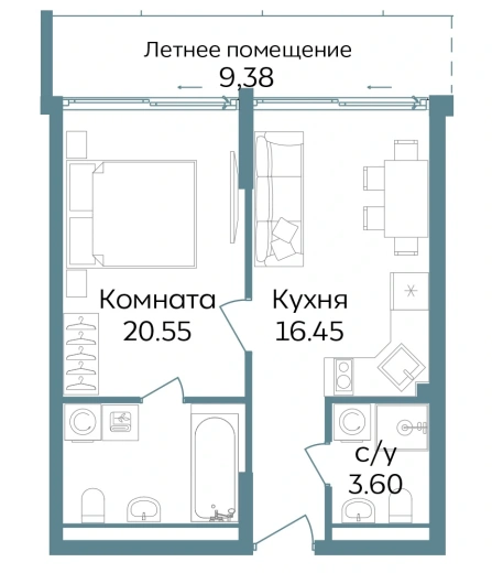 Апартаменты 2-комн. 49.98 кв. м